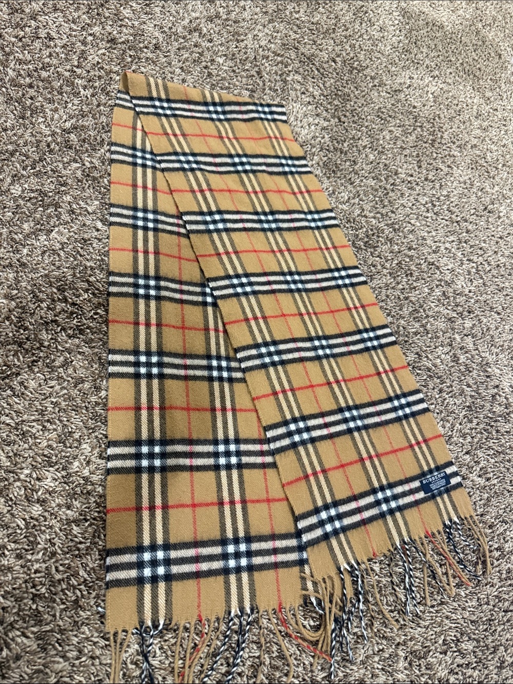 Burberry Beige Nova Check Wool Scarf with Black, White, and Red Stripes